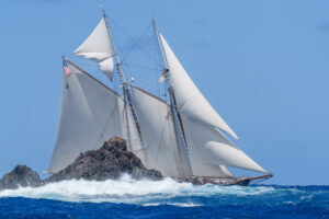 The yacht COLUMBIA racing at the 2023 St Barths Bucket Regatta.