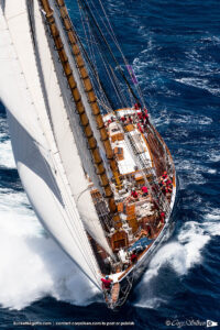 Schooner Columbia racing in the 2023 St. Barth's Bucket Regatta.