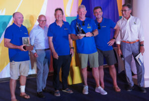 The crew of HANUMAN celebrate at the 2024 St Barths Bucket Regatta.