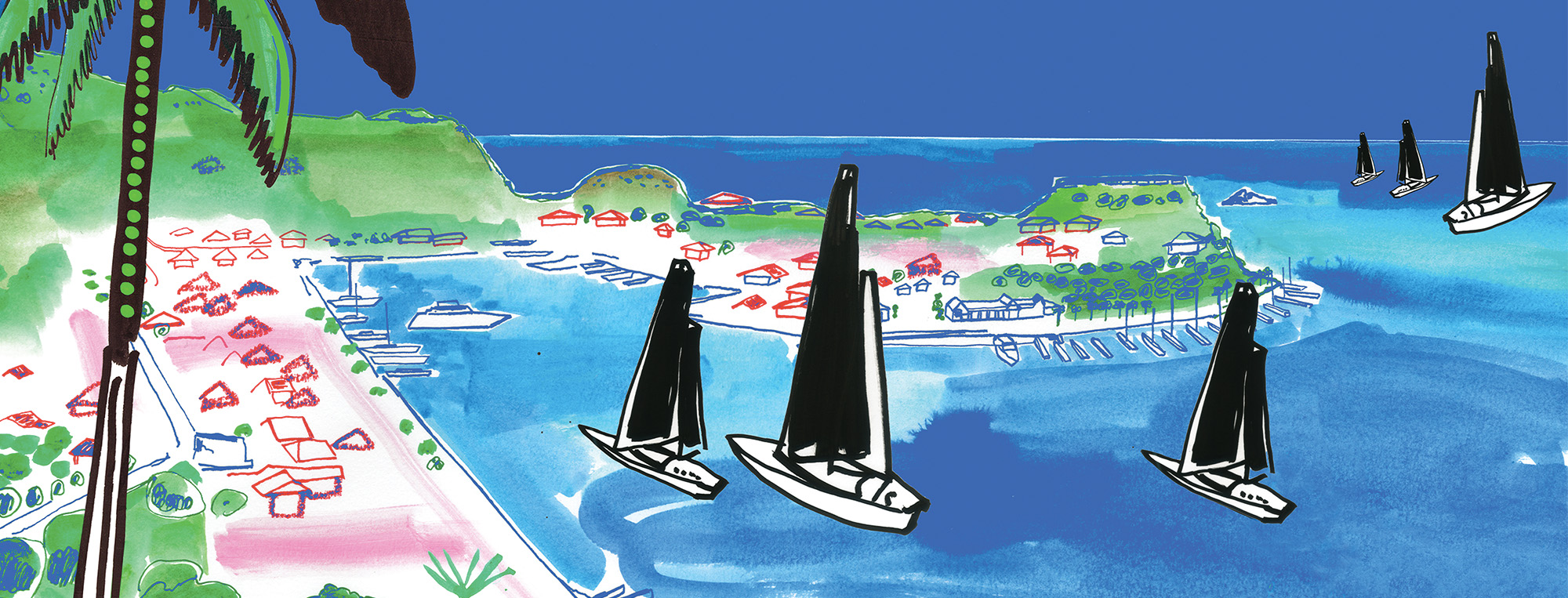 Illustration of yachts in the harbor at the St. Barths Bucket Regatta.